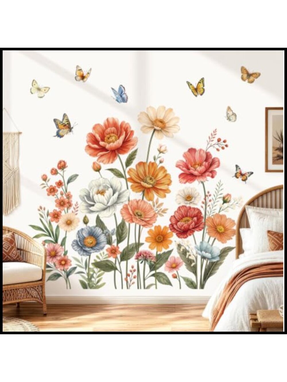 Boho Flower Butterfly Wildflower Leaves Wall Decal Stickers Peel and Stick